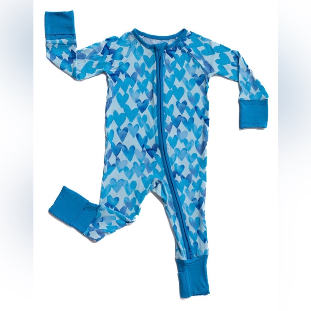Little Sleepies Zippy in Blue Watercolor Hearts